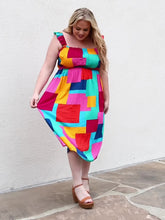 Ladda och spela upp video i Gallerivisaren, And The Why Multicolored Patchwork Midi Dress
