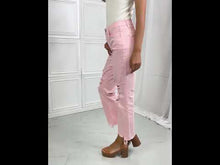 Load and play video in Gallery viewer, RISEN Miley High Rise Distressed Chewed Raw Hem Flared Leg Pink Denim Jeans
