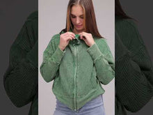 Load and play video in Gallery viewer, Zenana Acid Washed Cotton Waffle Woven Zip Up Hooded Jacket
