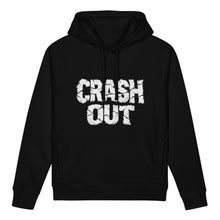 Ladda upp bild till gallerivisning, Black CRASH OUT women’s organic cotton blend side pocket hoodie sweatshirt with fractured graphic lettering by Little Yellow Bungalow
