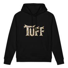 Ladda upp bild till gallerivisning, TUFF women's organic cotton blend side pocket hoodie sweatshirt in black, featuring gothic inspired white lettering with artistic gold painted highlights.
