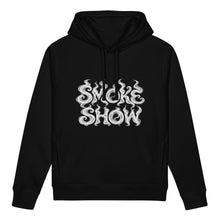 Carregar imagem no visualizador da galeria, Front view of black SMOKE SHOW women's organic side pocket hoodie featuring white and silver-gray smoke lettering.
