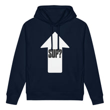 Load image into Gallery viewer, Blue women’s organic cotton side pocket hoodie sweatshirt with SUP? upward arrow graphic by Little Yellow Bungalow.
