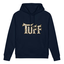 Ladda upp bild till gallerivisning, TUFF women's organic cotton blend side pocket hoodie sweatshirt in navy blue, featuring dramatic white gothic lettering with textured gold brushstroke accents.
