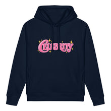 Carica l'immagine nel visualizzatore di Gallery, Front view of navy blue women's organic cotton blend side pocket hoodie featuring a pink Celebrity graphic.
