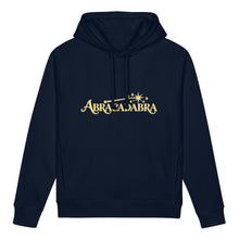 Ladda upp bild till gallerivisning, Front view of French navy ABRACADABRA organic cotton side pocket hoodie with pale yellow magic wand and star graphic.

