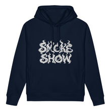 Carregar imagem no visualizador da galeria, Front view of French Navy SMOKE SHOW women's organic hoodie with white smoke-inspired graphic design.
