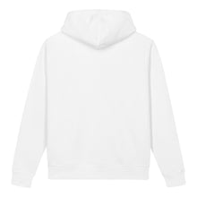 Load image into Gallery viewer, White women’s organic cotton side pocket hoodie sweatshirt with black upward arrow and white SUP? graphic by Little Yellow Bungalow.
