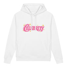 Carica l'immagine nel visualizzatore di Gallery, Front view of white women's organic cotton blend side pocket hoodie featuring pink Celebrity lettering and decorative stars.
