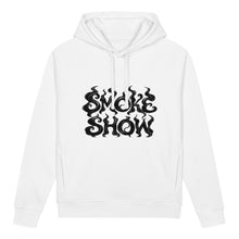 Carregar imagem no visualizador da galeria, Front view of white SMOKE SHOW women's organic hoodie featuring dramatic black smoke lettering.
