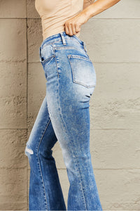 BAYEAS Izzie Mid Rise Distressed Chewed Raw Hem Blue Denim Bootcut Jeans