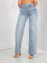 Load and play video in Gallery viewer, RISEN Luisa High Rise Button Fly Wide Leg Blue Denim Jeans
