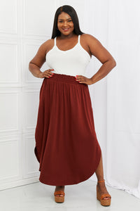 Zenana Solid Red Smocked Waist Slit Side Curved Hem Maxi Skirt