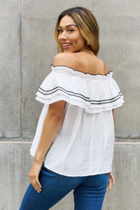 ODDI Off White Embroidered Off The Shoulder Overlay Top