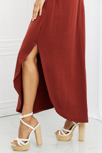 Zenana Solid Red Smocked Waist Slit Side Curved Hem Maxi Skirt