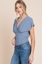 Load image into Gallery viewer, HEYSON Misty Blue Short Sleeve Pleated Lined Bodysuit
