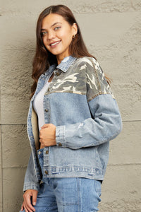 GeeGee Distressed Camo Contrast Blue Washed Denim Jean Jacket