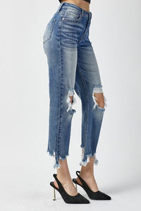 RISEN High Waisted Distressed Chewed Raw Hem Blue Denim Cropped Straight Leg Jeans