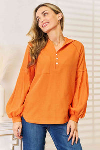 Basic Bae Orange Button Down Hooded Waffle Knit Top