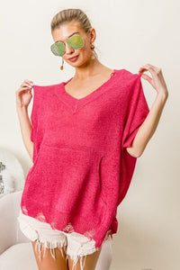 BiBi Fuchsia Distressed Relaxed Fit Sweater