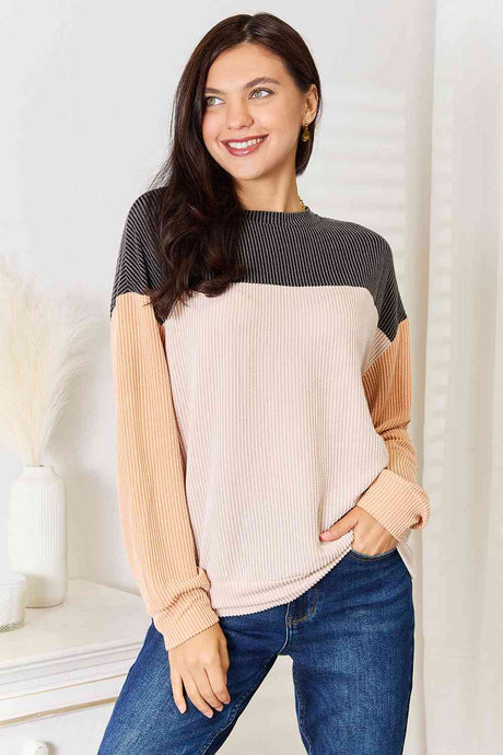 Double Take Color Block Long Sleeve Ribbed Knit Top