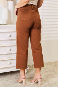 Judy Blue Tummy Control Garment Dyed Cropped Straight Leg Brown Denim Jeans