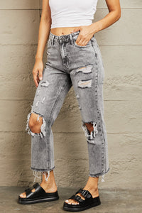 BAYEAS Instant Attraction Acid Wash High Waisted Destroyed Straight Leg Gray Denim Jeans