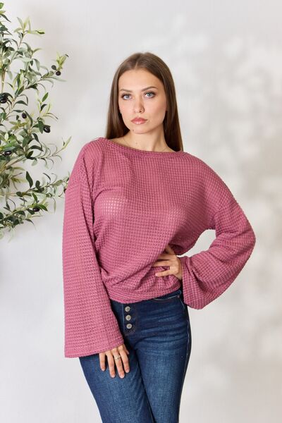 Culture Code Rose Pink Long Trumpet Sleeve Waffle Knit Top