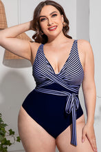 Load image into Gallery viewer, LYB Plus Size Solid Striped Contrast Tie Waist One Piece Swimsuit
