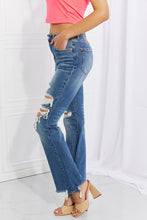 Cargar imagen en el visor de la galería, RISEN Hazel High Rise Distressed Chewed Raw Hem Flared Leg Blue Denim Jeans
