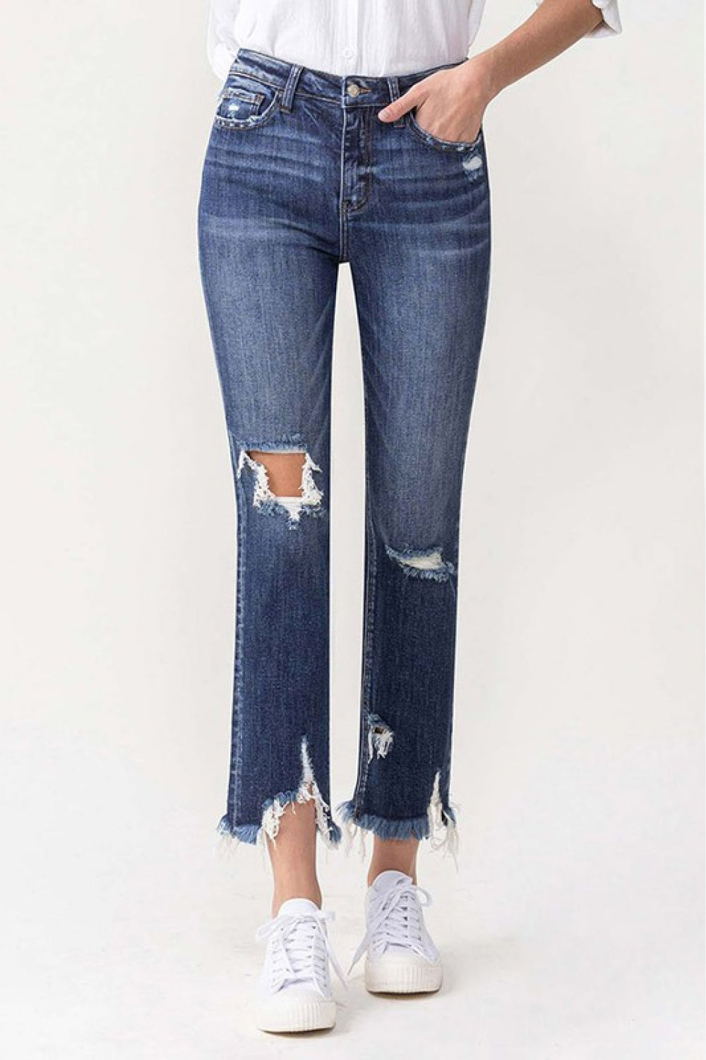 Lovervet Jackie LV1008 High Rise Distressed Chewed Frayed Raw Hem Straight Leg Jeans