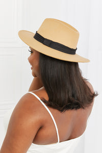 Fame Solid Tan Black Ribbon Detailed Wide Brim Hat