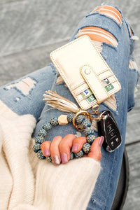 Aili's Corner Wood Leopard Beaded Key Ring Wallet Bracelet