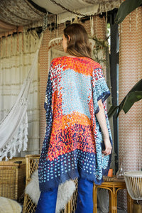 Leto Vibrant Art Deco Pattern Multicolor Frayed Edge Soft Knit Kimono