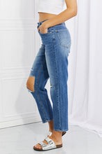 Ladda upp bild till gallerivisning, RISEN Emily High Rise Destroyed Straight Leg Relaxed Fit Cropped Blue Denim Jeans
