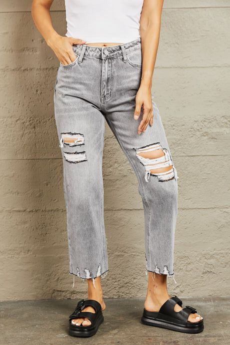BAYEAS Daydream High Waisted Destroyed Cropped Gray Denim Mom Jeans