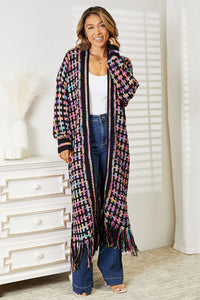 Double Take Multicolor Fringe Hem Open Front Longline Cardigan