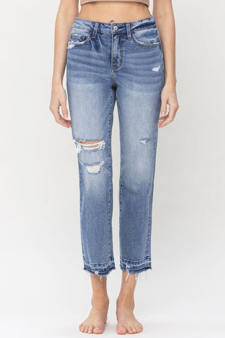 Lovervet Lena LV1051 High Rise Distressed Cropped Straight Leg Blue Denim Jeans