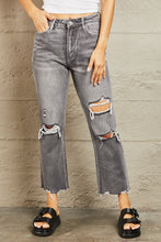 Load image into Gallery viewer, BAYEAS Mid Rise Destroyed Chewed Raw Hem Cropped Gray Denim Dad Jeans
