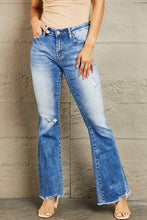 Load image into Gallery viewer, BAYEAS Izzie Mid Rise Distressed Chewed Raw Hem Blue Denim Bootcut Jeans
