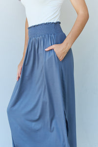 Ninexis Dusty Blue Smocked Waist Scoop Side Slit Curved Hem Maxi Skirt