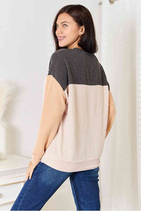 Double Take Color Block Long Sleeve Ribbed Knit Top