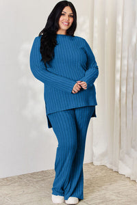 Basic Bae Solid Color Two Piece Ribbed Knit Relaxed Fit Loungewear Set
