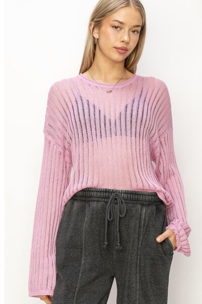 HYFVE Pink Openwork Long Sleeve Ribbed Knit Top