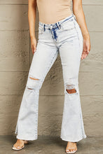 Load image into Gallery viewer, BAYEAS Mid Rise Acid Washed Distressed Flared Leg Blue Denim Jeans
