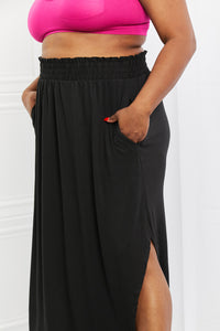 Zenana Solid Black Smocked Waist Slit Side Curved Hem Maxi Skirt