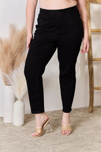 Judy Blue Shasta High Waisted Rhinestone Embellished Relaxed Skinny Black Denim Jeans