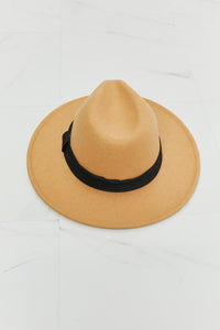 Fame Solid Tan Black Ribbon Detailed Wide Brim Hat