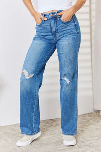 Judy Blue Simone High Waisted Distressed Straight Leg Blue Denim Jeans