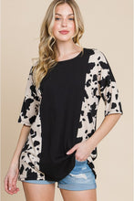 Load image into Gallery viewer, BOMBOM Solid Black Cow Pattern Contrast Half Sleeve Ribbed Knit Top
